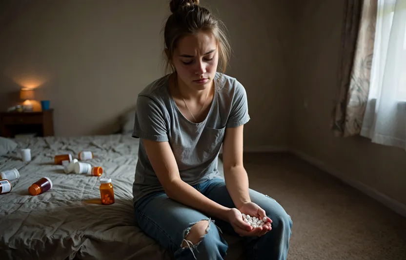 Девушка с таблетками в руках, разбросанные лекарства на кровати